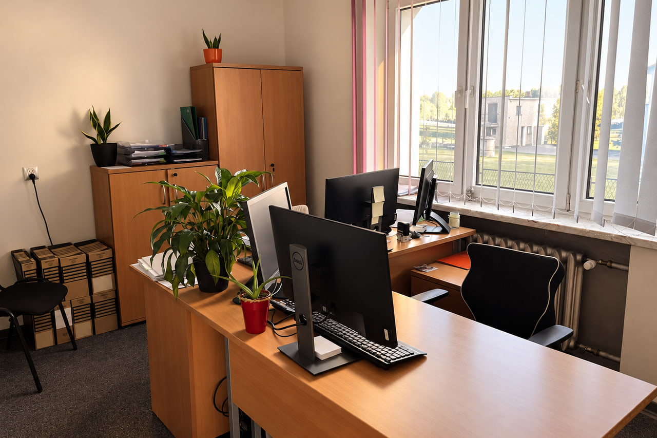 Biurka, monitory i rośliny przy oknie w biurze PROFIT